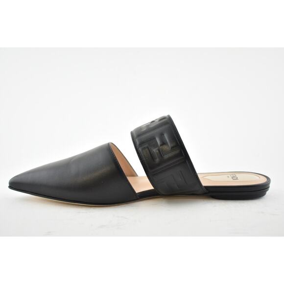 Fendi Motif FF Logo Black Leather Pointed Toe Ballerina Ballet Mule Flat 37.5 - Picture 8 of 12
